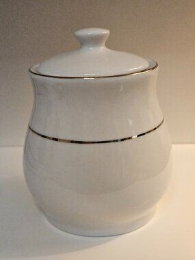 Vintage White Porcelain Sugar Bowl Lid Silver Trim Ceramic